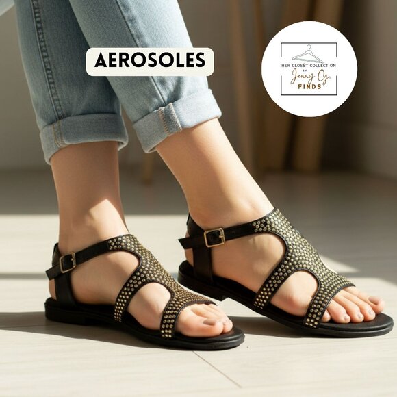 Aerosoles Black Gold Studded Womens Flat Sandal Size 6 - Picture 1 of 11